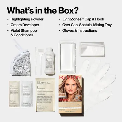 Shows all the items included in the hair coloring kit so customers know exactly what they are getting.