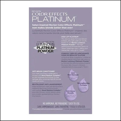 Highlights multiple key features and benefits of the hair color product, including its platinum color results, anti-brass conditioning, hair strengthening, and reduced damage.