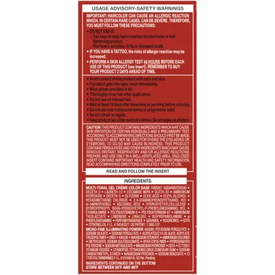 Provides important safety information, usage precautions, and a list of ingredients for the hair color product to ensure safe and proper use.