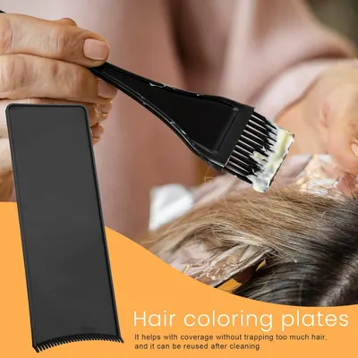 Highlights the hair coloring plate's ability to provide full coverage without trapping too much hair, and that it can be reused after cleaning.