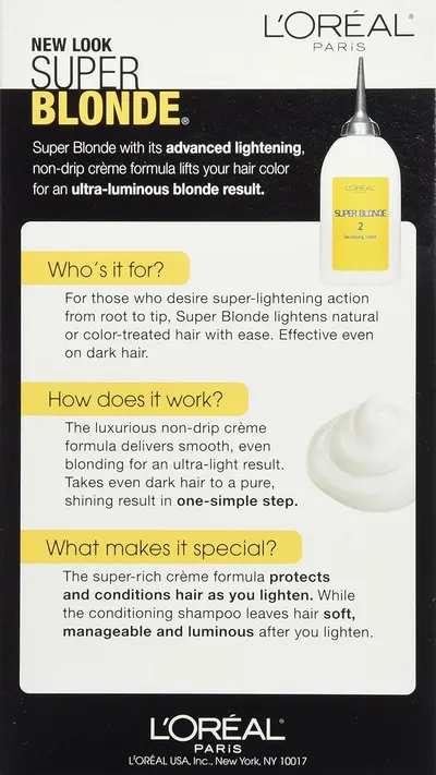 Explains how the product works to lighten hair, including its non-drip creme formula and ability to achieve an ultra-luminous blonde result, even on dark hair.