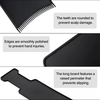 Highlights the product's safety features like rounded teeth to prevent scalp damage, polished edges to prevent hand injuries, and a raised perimeter to…