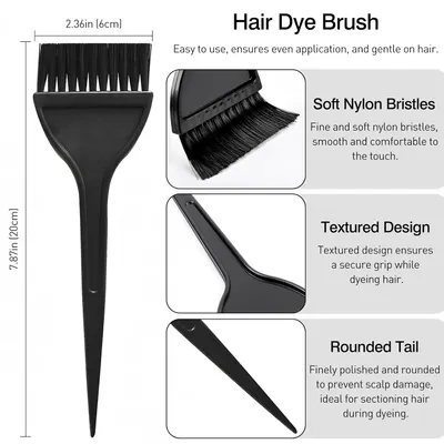 Highlights multiple features of the hair dye brush that make it easy to use, comfortable, and safe for hair dyeing.