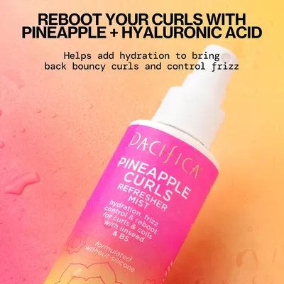 Highlights the key benefit of hydrating and reviving curls while controlling frizz using pineapple and hyaluronic acid ingredients.