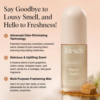 Highlights the product's key features of eliminating odors, providing a pleasant fragrance, and versatile use for freshening hair, body, and fabrics.