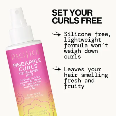 Highlights the key benefits of the curl refresher mist being silicone-free, lightweight, and leaving hair smelling fresh and fruity.