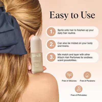 Explains how to use the hair perfume product, highlighting its easy application on hair and body, as well as the ability to layer with other scents for versatility.