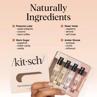 Shows the different fragrance samples and ingredients included in the hair perfume sampler kit.