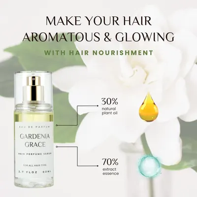 Highlights multiple benefits of the hair nourishment product, including making hair aromatous, glowing, and containing natural plant oils and extracts.