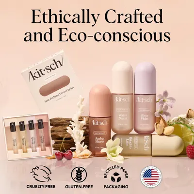 Shows the various products included in the Kitsch hair perfume and soap collection, highlighting the eco-friendly and ethically crafted nature of the brand.