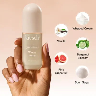 Highlights the warm sugar scent and fragrance notes of the hair perfume product.