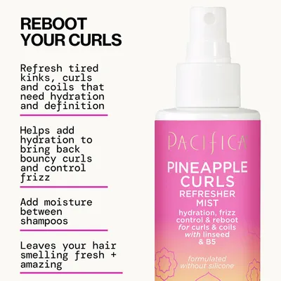 Highlights the product's ability to refresh and rehydrate tired curls while controlling frizz.