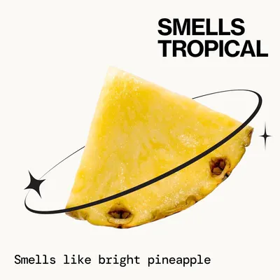 Highlights the product's tropical pineapple scent as a key feature or benefit.