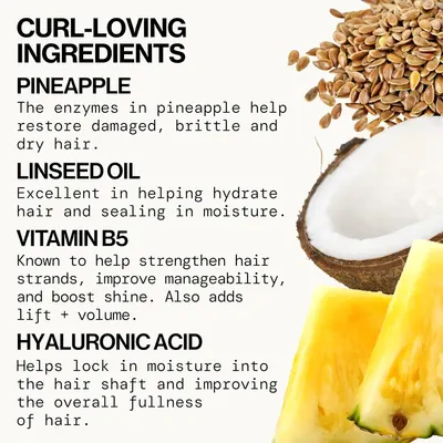 Highlights the key ingredients and their respective benefits for curly hair, such as restoring damaged hair, hydrating, strengthening strands, and improving…