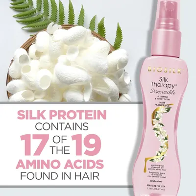 Highlights that the product contains silk protein with 17 of the 19 amino acids found in hair, promoting it as an effective hair treatment.
