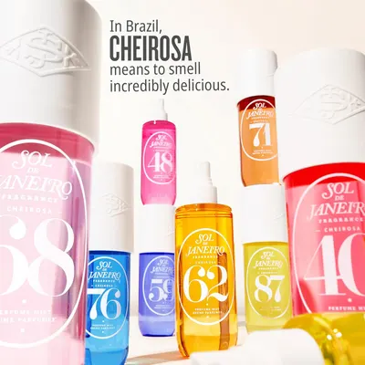 Showcases the different fragrance options available in the product line, while highlighting the brand's Brazilian origins and meaning of 'cheirosa' (smelling…