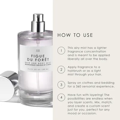 Explains how to use and apply the hair and body mist product in different ways for a sensorial experience.