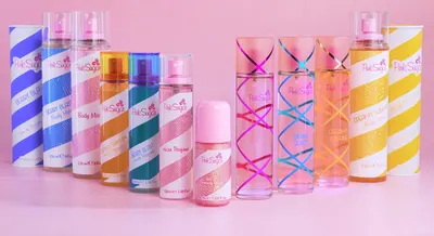 Shows the full range of Pink Sugar products included in the line, highlighting the variety of fragrances and cosmetics available.