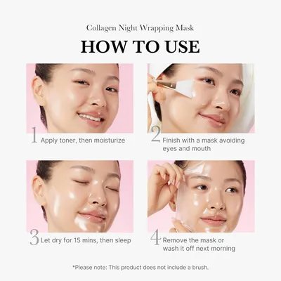 Explains the step-by-step process for properly applying and using the collagen night wrapping mask.