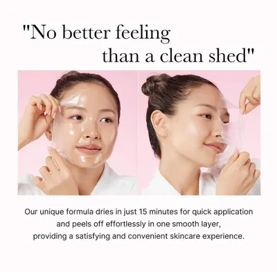 Highlights the product's quick drying time and easy peel-off application for a convenient skincare experience.