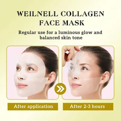 Demonstrates the visible results of using the collagen face mask by showing the skin's transformation from dull to glowing and even-toned.
