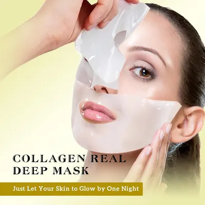 Highlights the product's collagen deep mask feature to promote glowing, rejuvenated skin overnight.