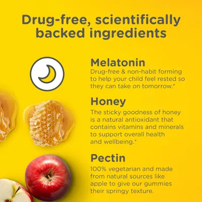 Highlights that the product uses safe, natural ingredients like melatonin, honey, and pectin to help children sleep better.