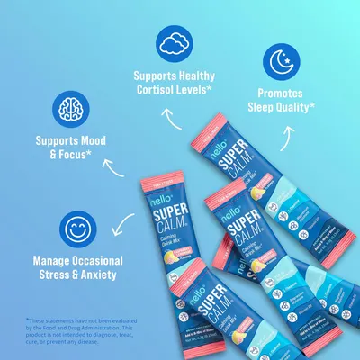 Highlights the multiple benefits of the product, including supporting mood, focus, sleep quality, cortisol levels, and managing stress and anxiety.