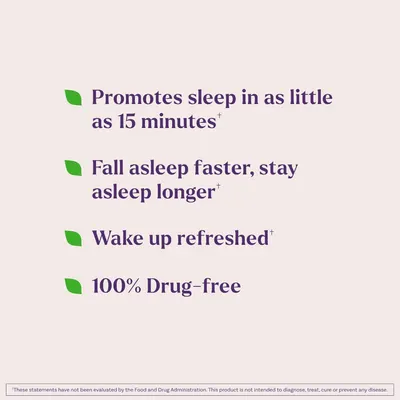 Highlights the key benefits of helping users fall asleep quickly, stay asleep longer, and wake up refreshed, while being a 100% drug-free product.