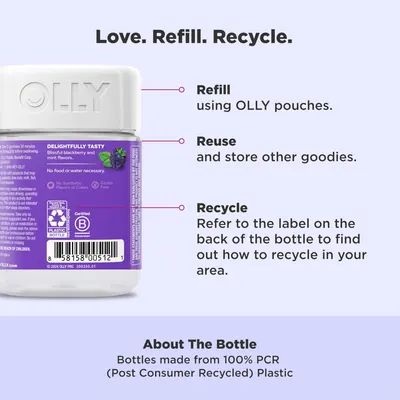 Highlights the product's eco-friendly and sustainable features by promoting refilling, reusing, and recycling the bottle.