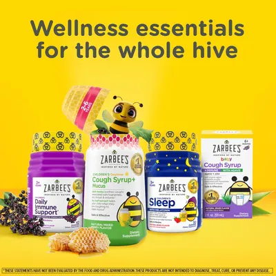 Shows the various wellness products offered by the brand, including supplements, cough syrups, and sleep aids for different age groups.