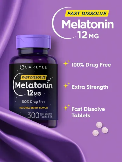 Highlights the key features of the melatonin supplement being fast dissolving, extra strength, and drug-free to help customers get a better night's sleep.