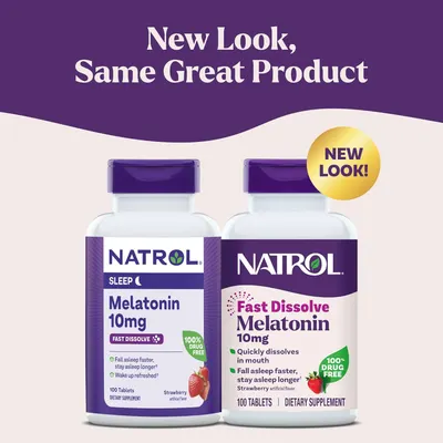 Highlights the new packaging design for the Natrol melatonin product while reassuring customers that the product itself remains unchanged.
