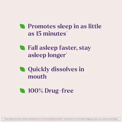 Highlights multiple benefits of the product as a fast-acting, drug-free sleep aid that helps users fall asleep quickly and stay asleep longer.
