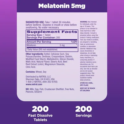 Highlights the key features of the melatonin supplement - fast dissolving tablets and 200 servings per container.