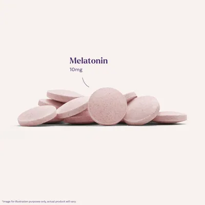 Highlights the key feature of the product being melatonin supplements with a dosage of 10mg.