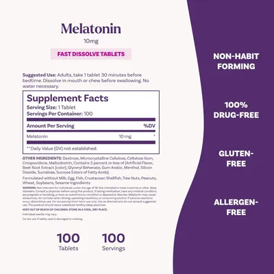 Highlights the key benefits of the melatonin supplement being non-habit forming, drug-free, gluten-free, and allergen-free to reassure customers about its safety and suitability.