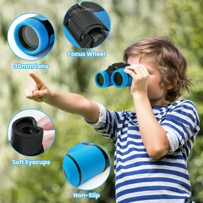 Highlights multiple key features of the binoculars like the 30mm lens, focus wheel, soft eyecups, and non-slip grip to showcase its functionality and ease of use.