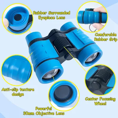 Highlights the key features of the binoculars, such as the rubber-surrounded eyepiece lens, comfortable grip, anti-slip texture, focusing wheel, and large objective lens, to showcase its durability…