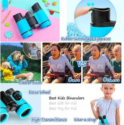 Highlights multiple features of the kids binoculars like rubber eyepieces, focus wheel, high light transmittance, and ability to wear a strap to showcase its suitability and benefits for children.