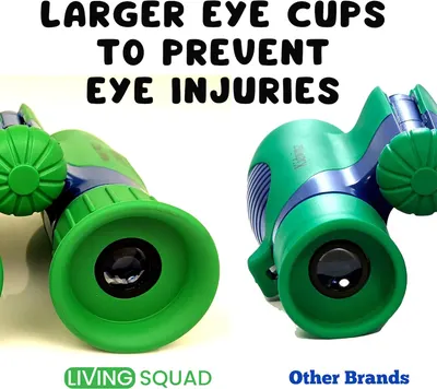 Highlights the product's larger eye cup design as a key safety feature to prevent eye injuries.