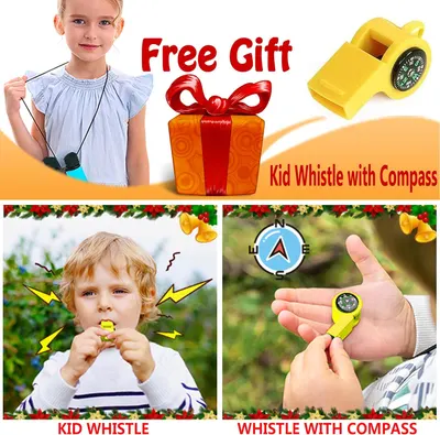 Shows the free gift included with the purchase - a kid's whistle with a built-in compass.