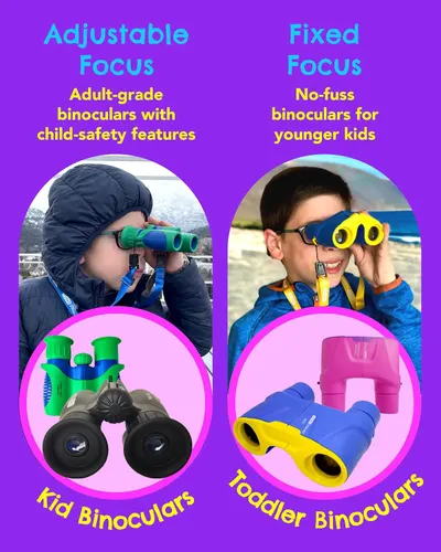 Guides parents in selecting the appropriate binoculars for their child's age and needs by comparing the adjustable focus (for older kids) and fixed focus (for…