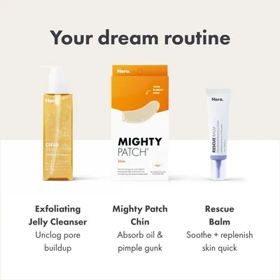 Showcases a complete skincare routine using multiple products, highlighting the specific benefits of each item to address different skin concerns.
