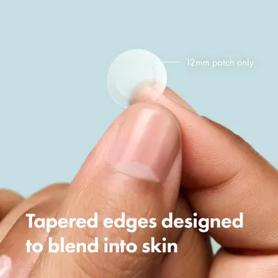 Highlights the product's small 12mm size and tapered edges designed to blend seamlessly into skin, emphasizing its discreet and comfortable nature.