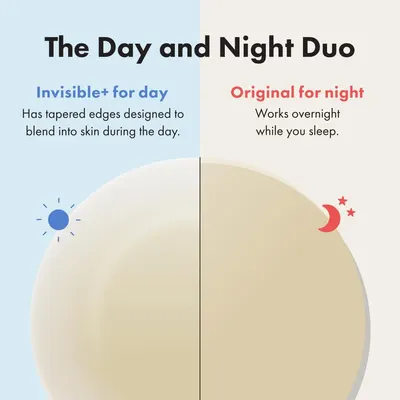 Highlights the product's dual functionality for day and night use, emphasizing its invisible design for daytime wear and overnight effectiveness.
