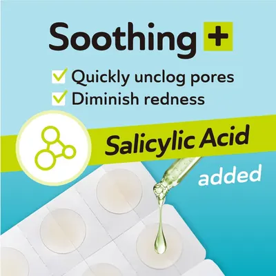 Highlights the addition of salicylic acid to quickly unclog pores and diminish redness, emphasizing the soothing properties of the product.