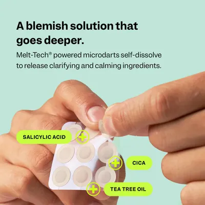Highlights the product's unique Melt-Tech microdarts technology that delivers acne-fighting ingredients deeper into the skin. Showcases the three main active…
