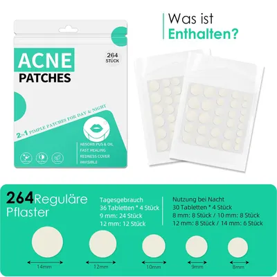 Shows the exact contents of the acne patch package, including the number and sizes of patches for day and night use.