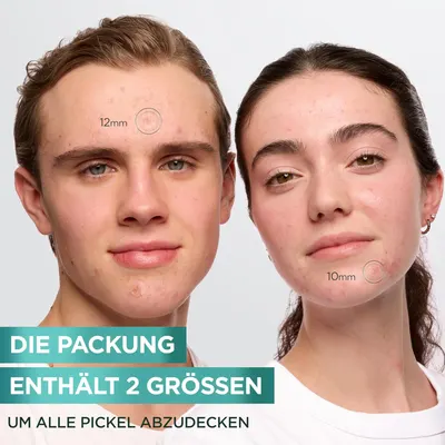 Shows the different sizes of acne patches available to cover various pimple sizes on different face areas. Demonstrates where and how to apply the acne patches on different areas of the face.